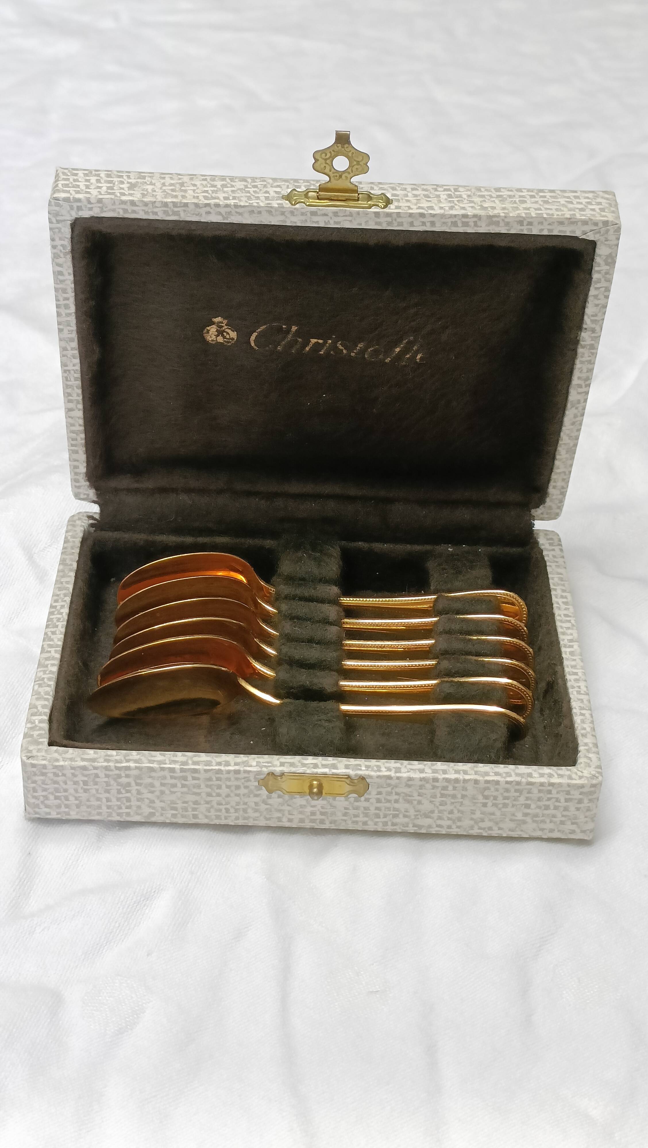 box of 6 golden mocha spoons Christofle model "Pearls"
