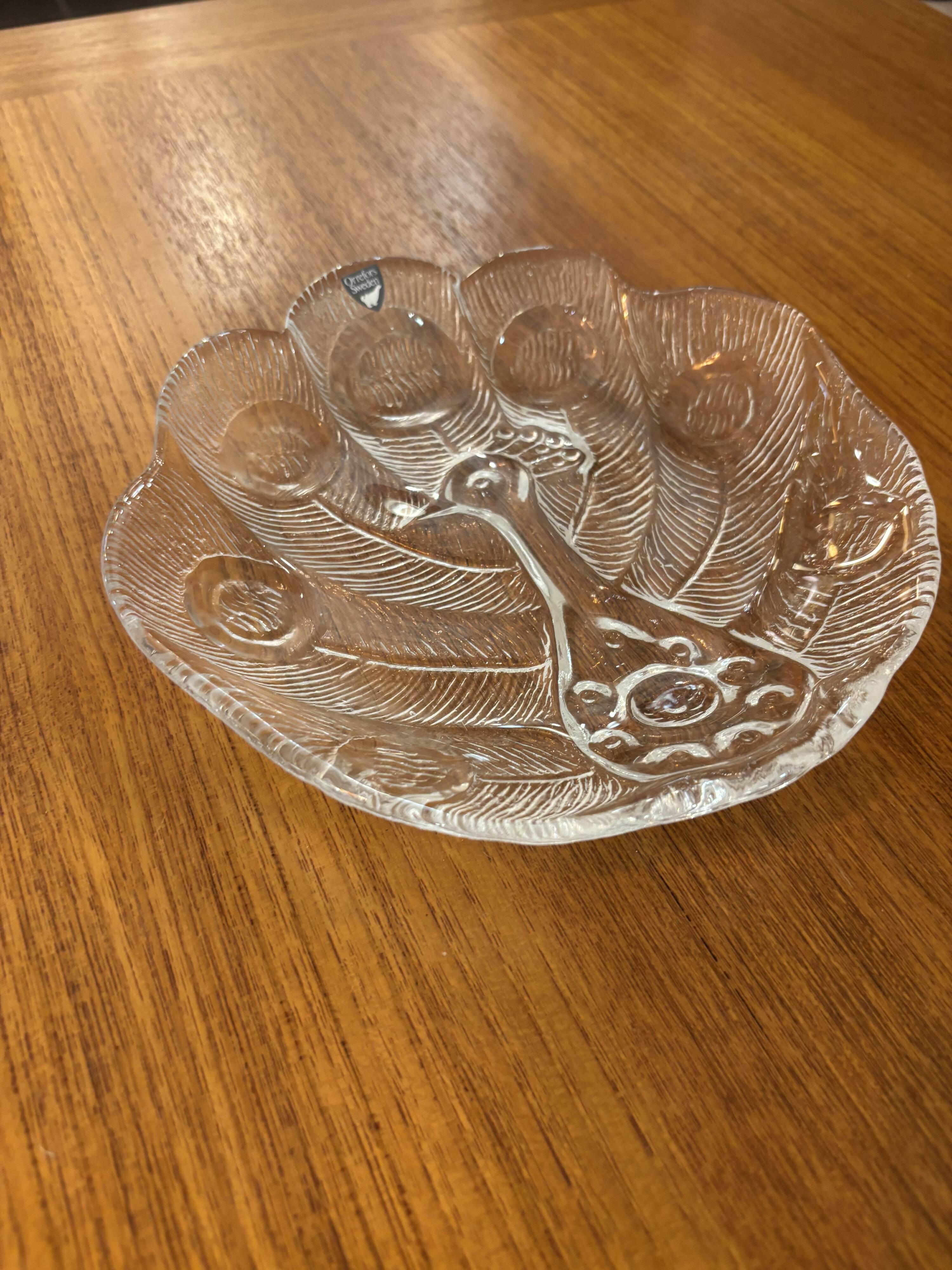 Assiette, Peakcock, verre de cristal, Lars Hellsten, Orrefors, Suède, 1970