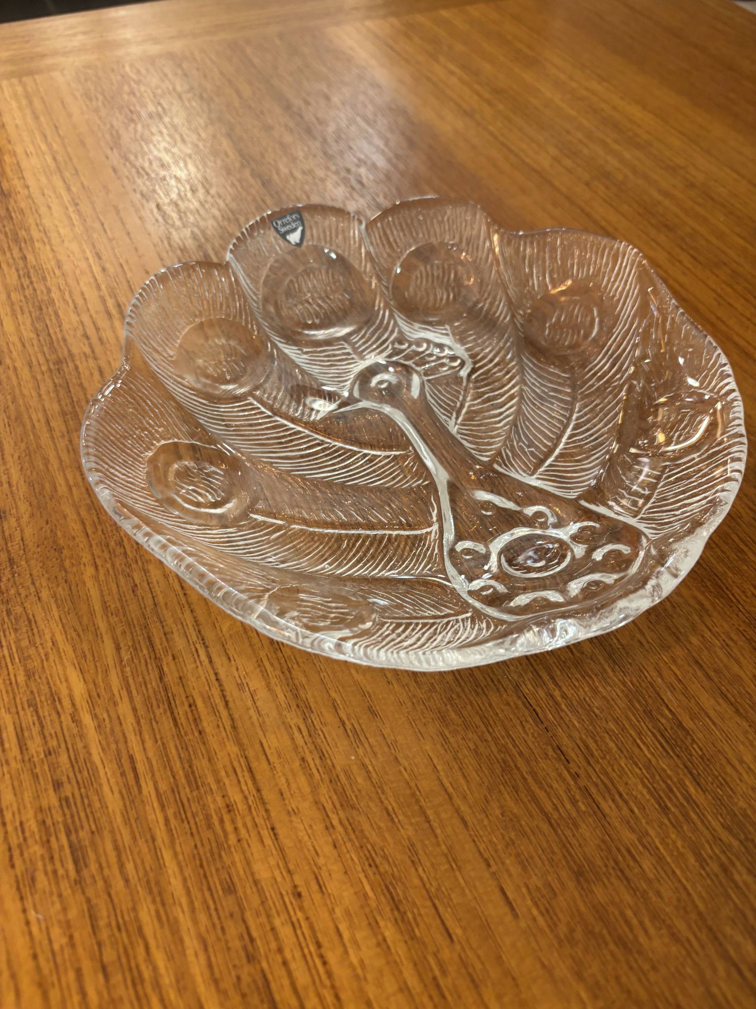 Assiette, Peakcock, verre de cristal, Lars Hellsten, Orrefors, Suède, 1970
