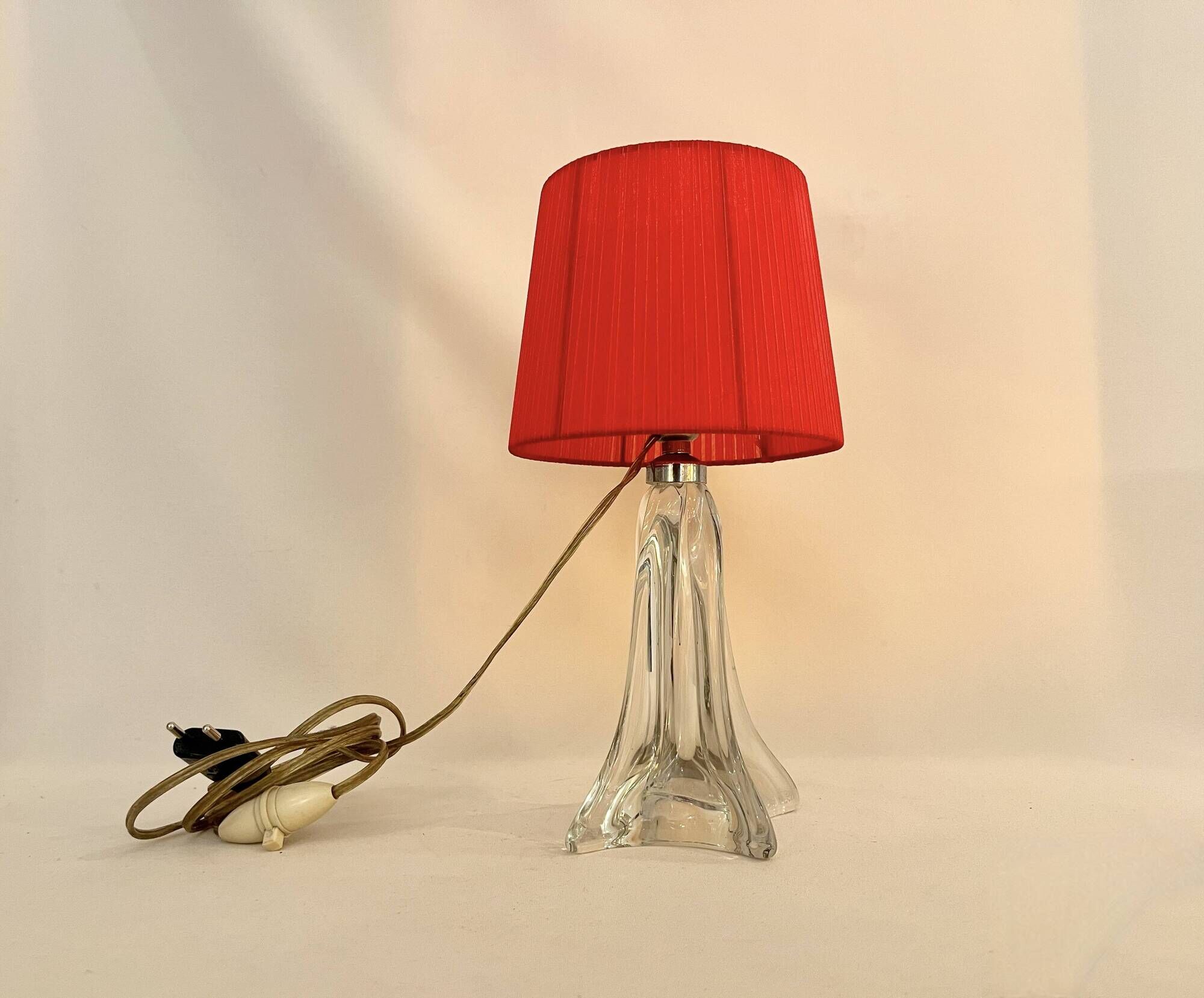 Vintage crystal lamp base with red pleated organza ribbon shade 1940