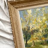 Tableau ancien, peinture à l'huile sur carton évoquant un paysage