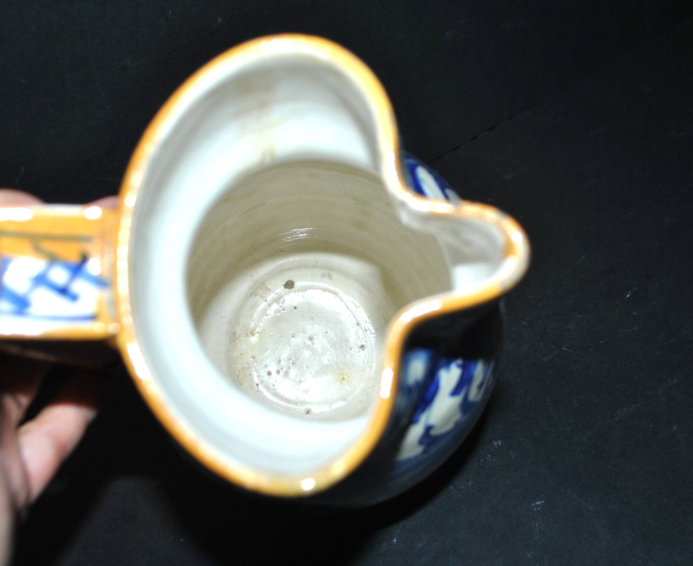 Large Italian ceramic pitcher barbotine majolica blue and yellow decoration