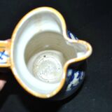 Large Italian ceramic pitcher barbotine majolica blue and yellow decoration