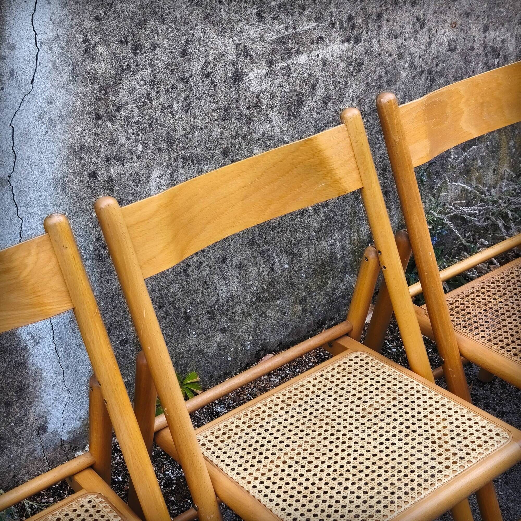 Set of 4 folding chairs in beech and caning by Habitat, 1980s.