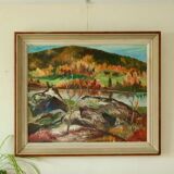 Original mid-century oil painting on Swedish canvas "Autumn Day Järvsö"