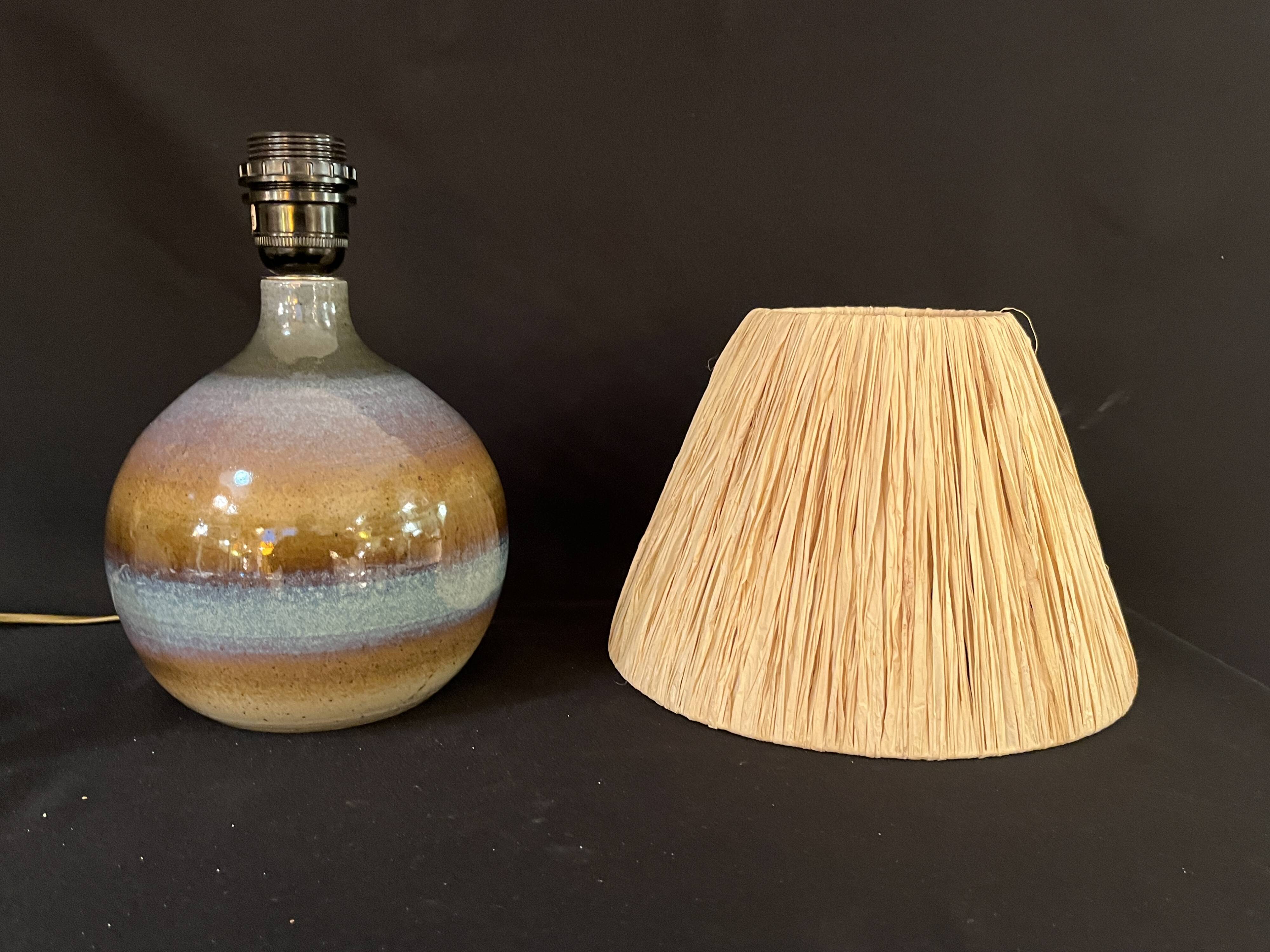 Vintage stoneware ceramic lamp signed JM, 1970s/80s, bohemian raffia rope lampshade