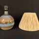 Vintage stoneware ceramic lamp signed JM, 1970s/80s, bohemian raffia rope lampshade