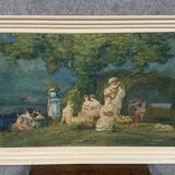 Claudius denis (1878-1947): large oil painting on canvas depicting a lively gallant scene