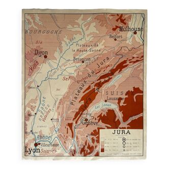 Affiche originale, carte scolaire jura/ massif central, france, éditions rossignol années 50-60