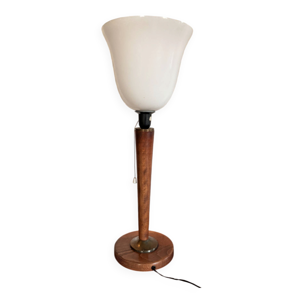 Lampe vintage Unilux en bois et verre opalin