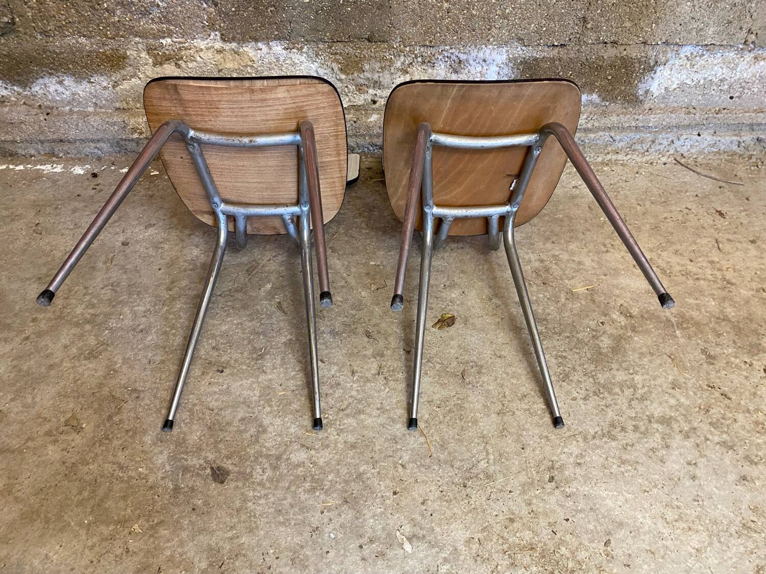 Pair of antique chrome metal chairs + white formica seat & back