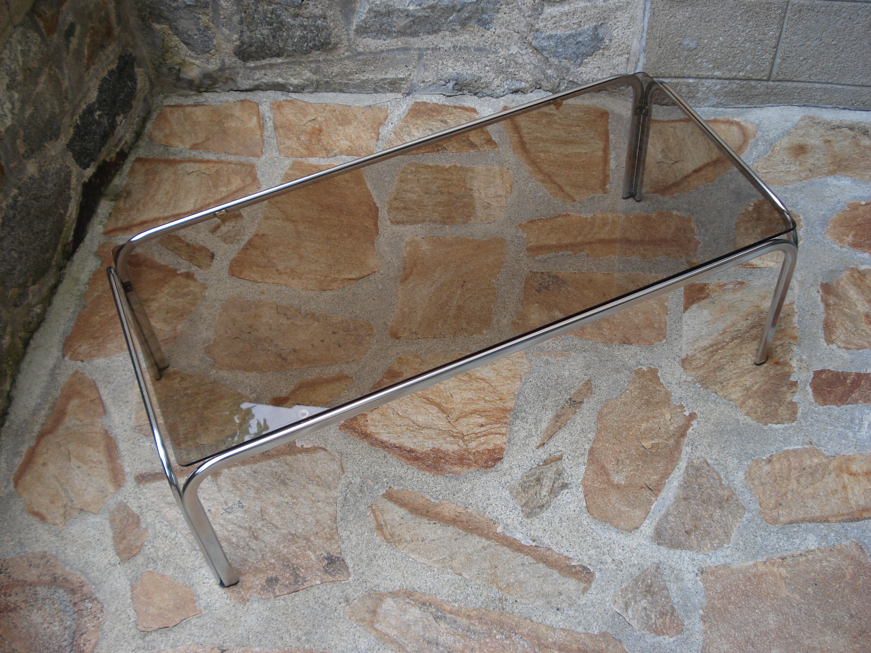 COFFEE TABLE 1970 PIETEMENT CHROME TOP GLASS SMOKE BROWN