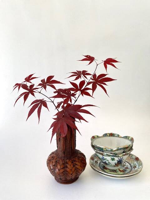 Japanese Ikebana vase, ceramic and bamboo