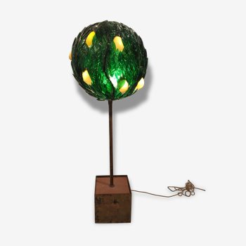 Big lamp lemon tree foliage and fruits in colorful glass in patinated bronze France 1940