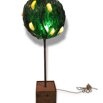 Grande lampe citronnier feuillage et fruits en verre coloré pied en bronze patiné France 1940