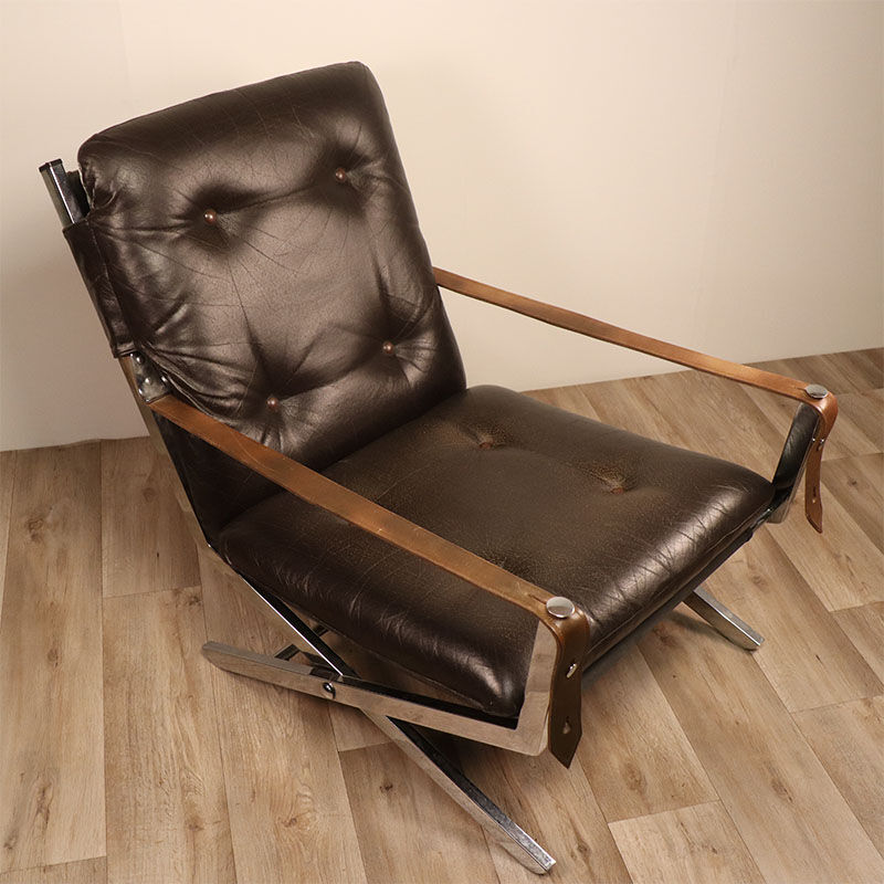 Pair of leather and chrome metal armchairs 1970