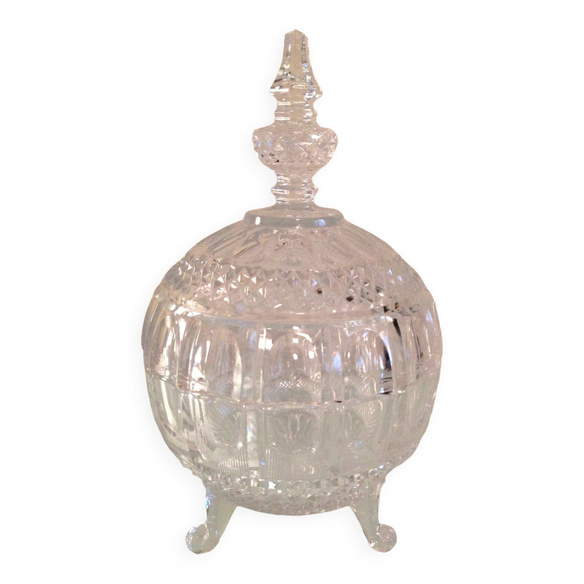 Globe candy box on tripod legs in chiseled glass / vintage 60s-70s