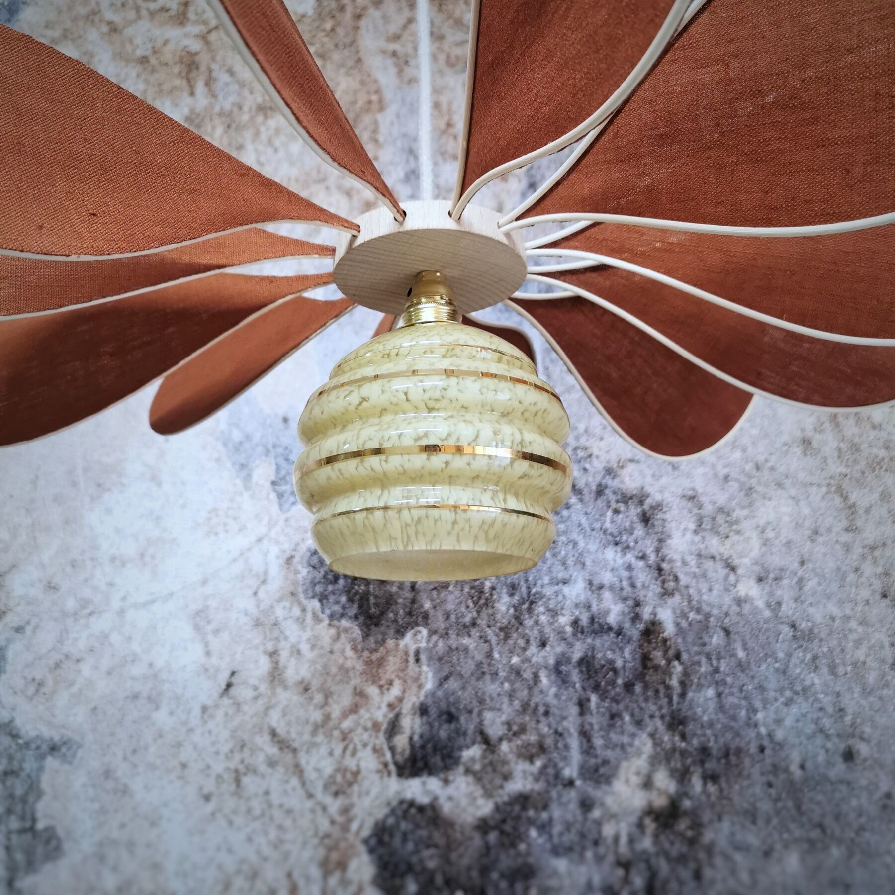 Pendant light flower 12 blades linen, rattan and globe in glass of Clichy