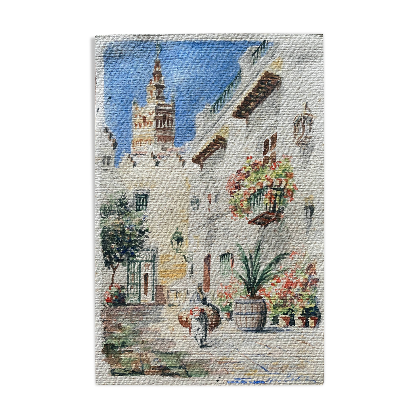 Watercolor Painting "Orientalist landscape" lively alley and mosque