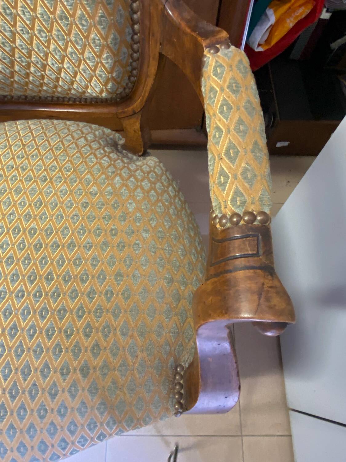 Two Louis XV style wooden and fabric armchairs