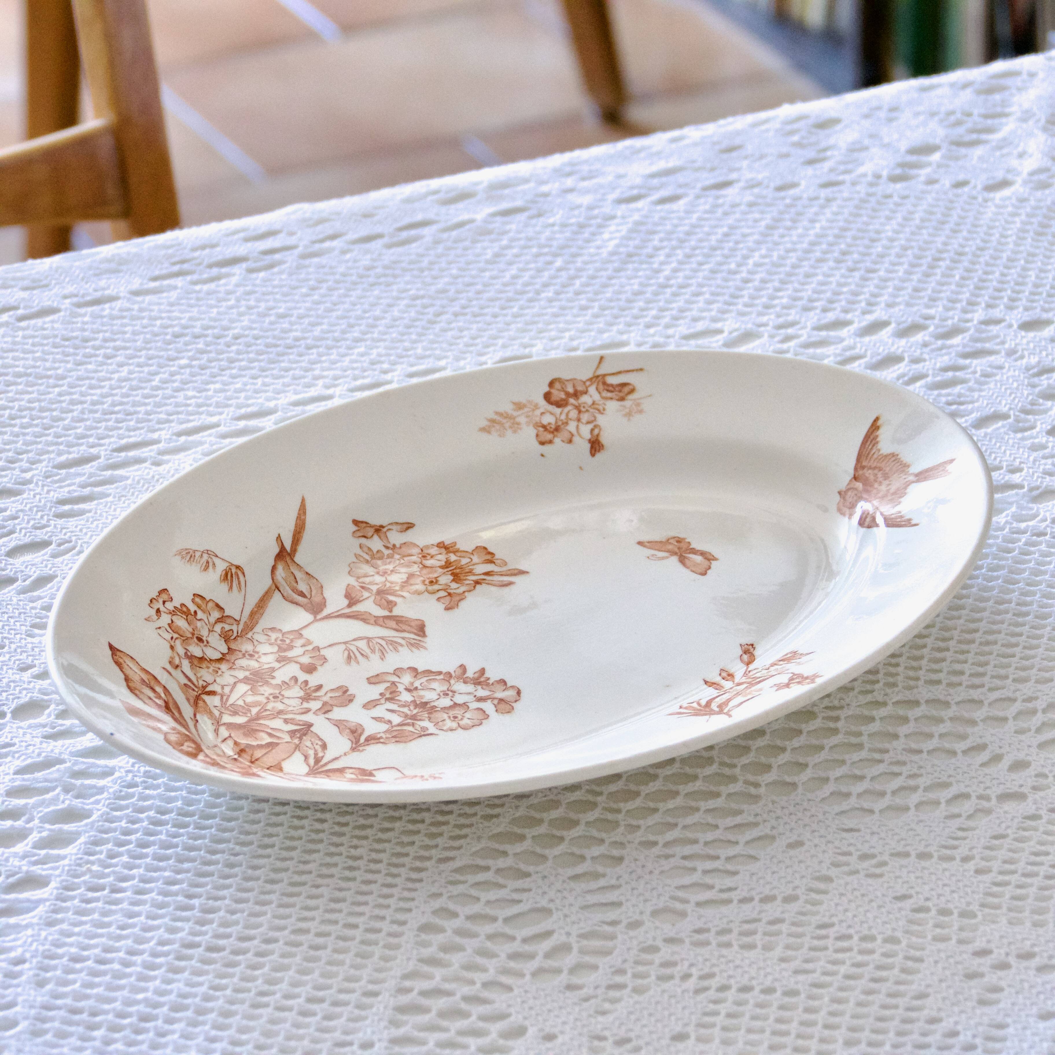 Large oval dish 19th century Longwy iron earth sepia "Botanical" bird