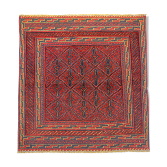 Traditional handwoven oriental carpet wool red blue rug- 120x128cm
