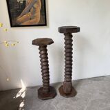Paire de piédestal colonnes vis de pressage chêne 1900