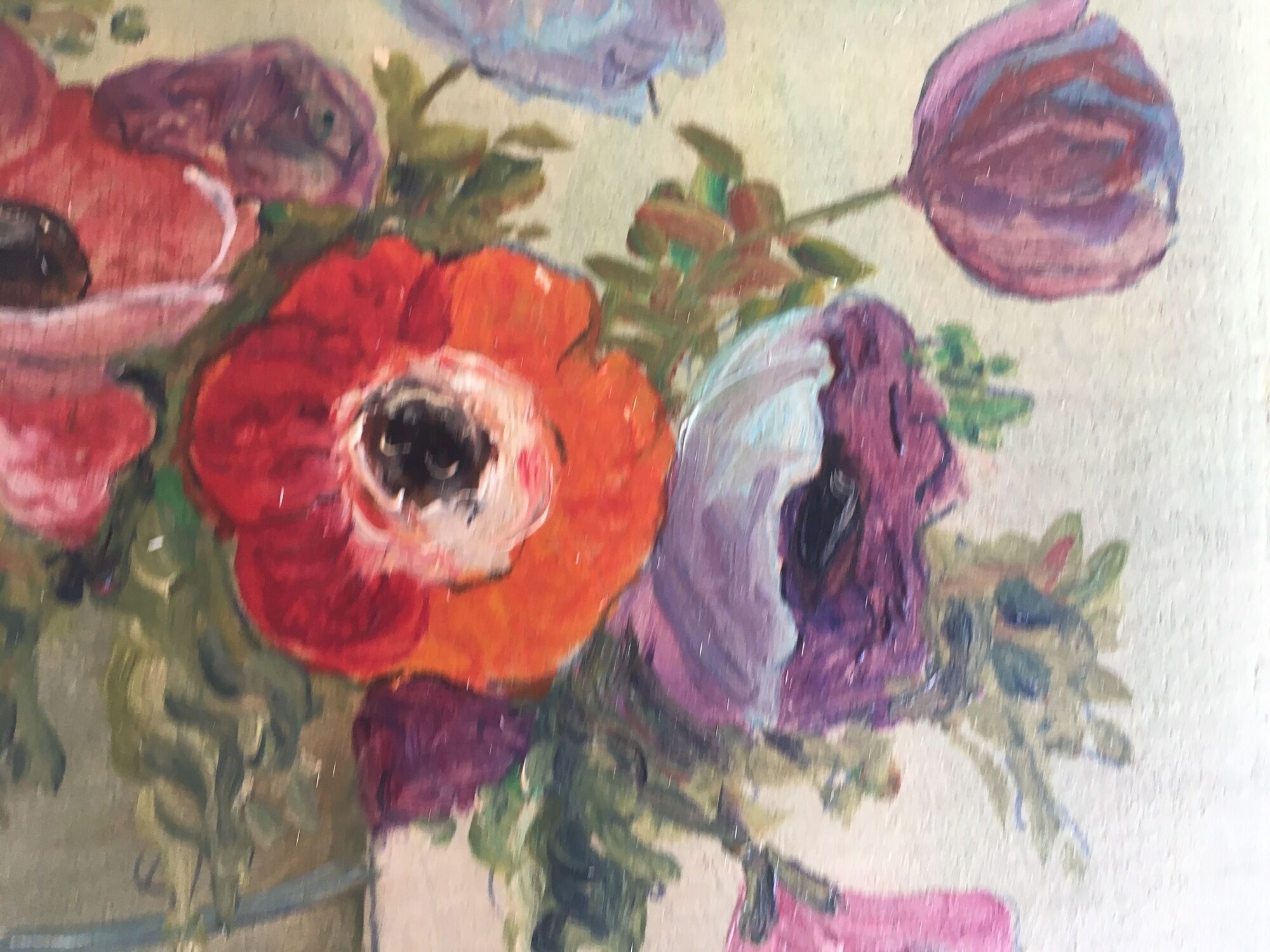 Oil on wood vase of flowers anemones 60s