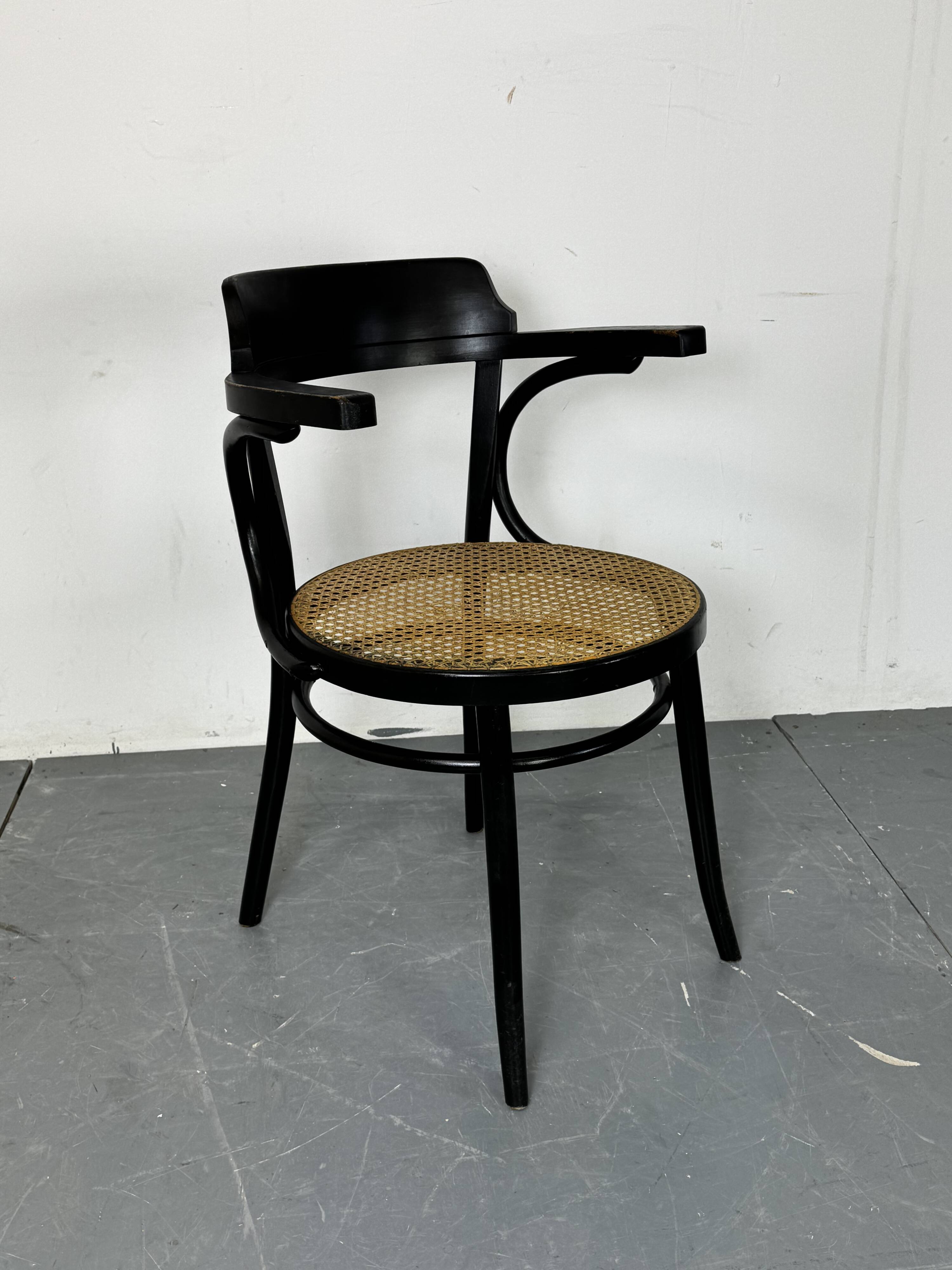 Bentwood mod 233 Black Desk Chair with Rattan Seat by Thonet, 1930s