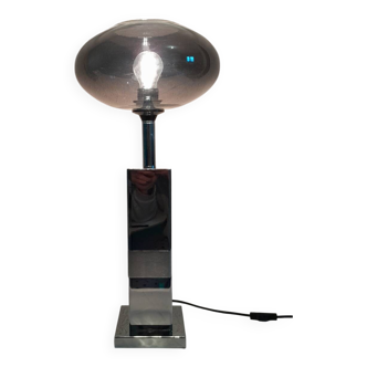 Lampe  pied chromé Abat jour verre argenté transparent 1980 vintage