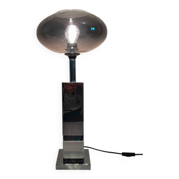 Chrome base lamp Transparent silver glass lampshade 1980 vintage