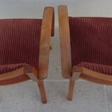 2 Chic 50s Bridge Armchairs Completely Refurbished in Solid Wood with Rust Velvet Seat
