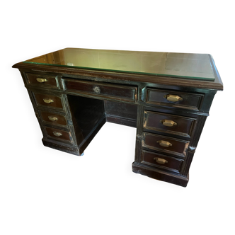 Bureau ancien à double caisson avec plateau en verre – Style Art Déco