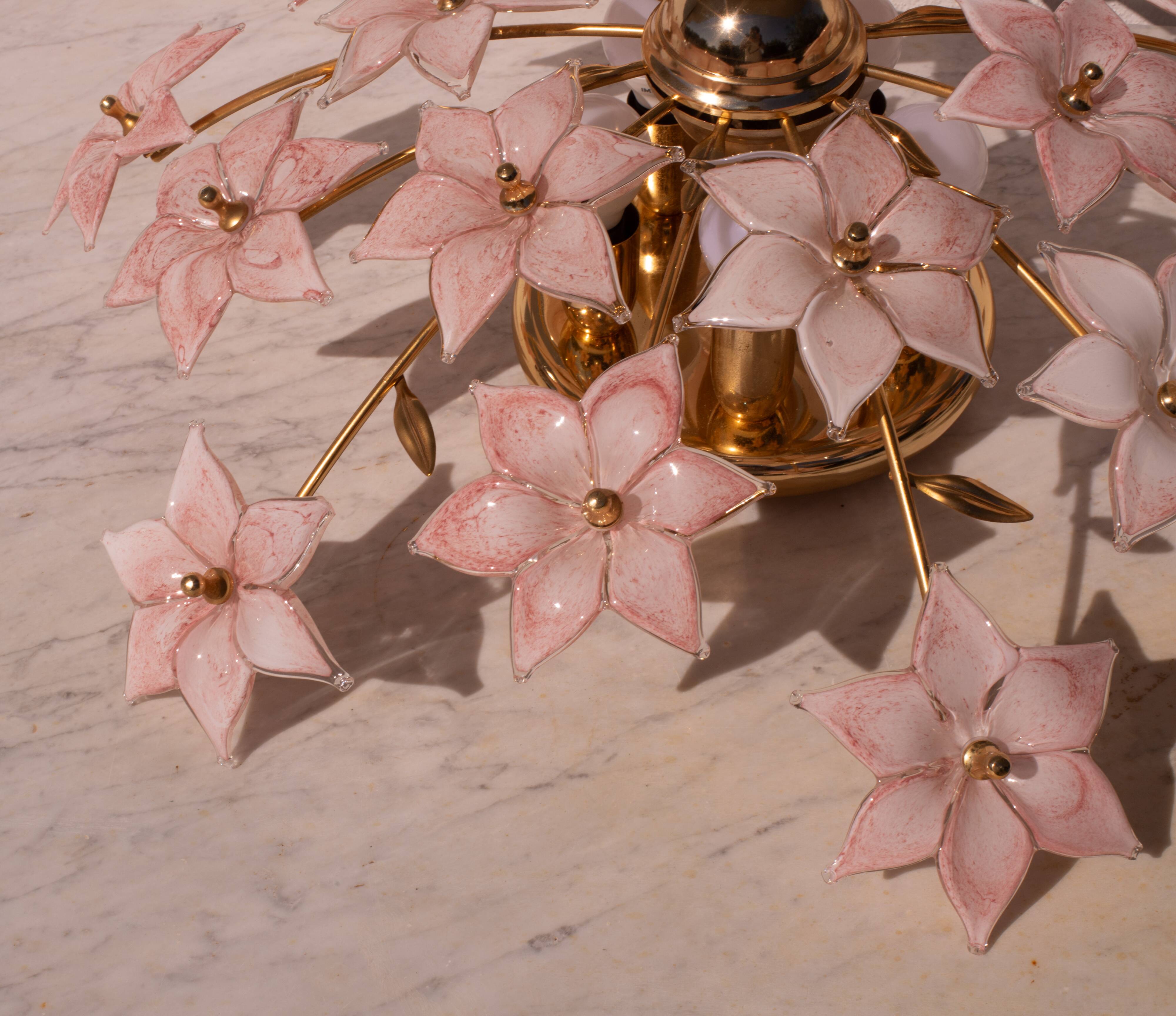 Murano vintage ceiling light pink flowers, 1970s