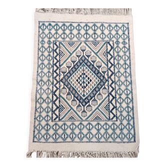 Traditional handmade white blue and gray margoum carpet