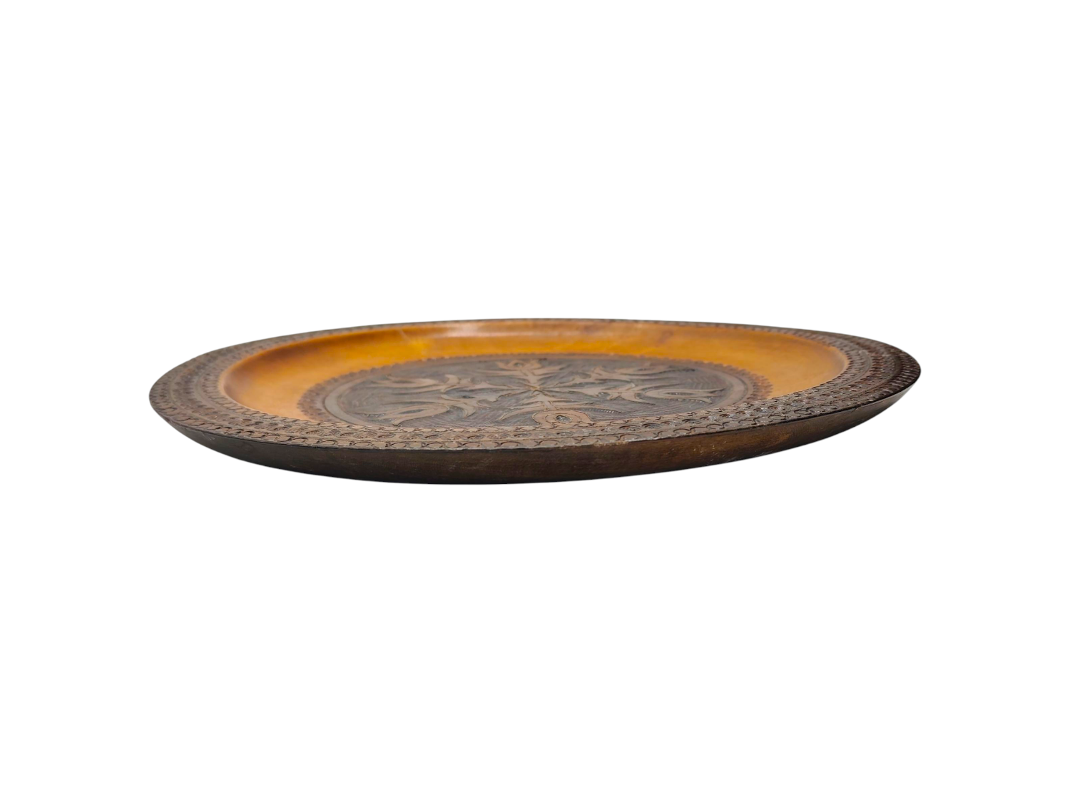 Vintage 1960s Hand-Carved Wooden Plate - Intricate Floral and Spiral