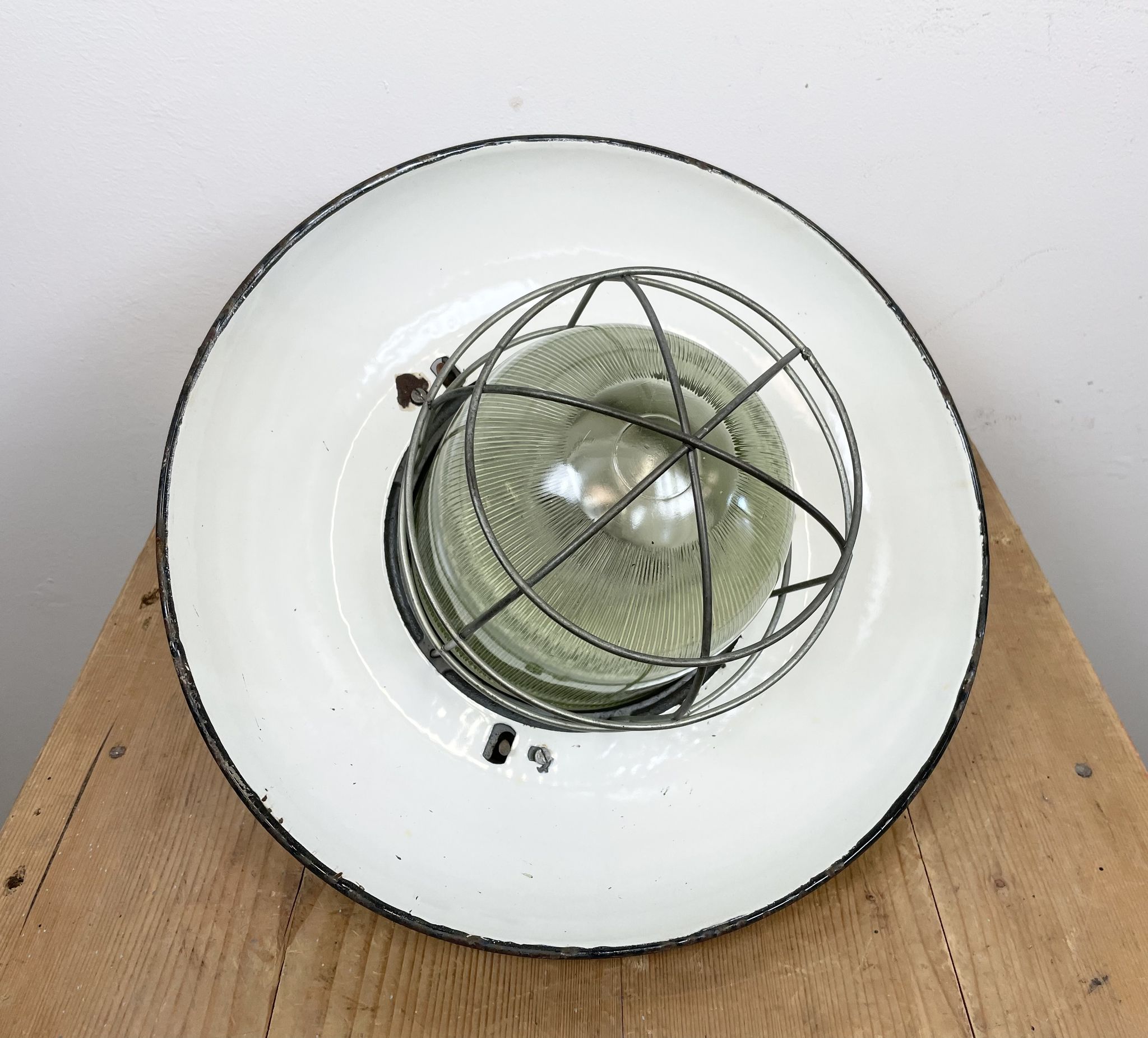 Industrial Grey Enamel Factory Cage Pendant Lamp in Cast Iron from Zaos, 1960s