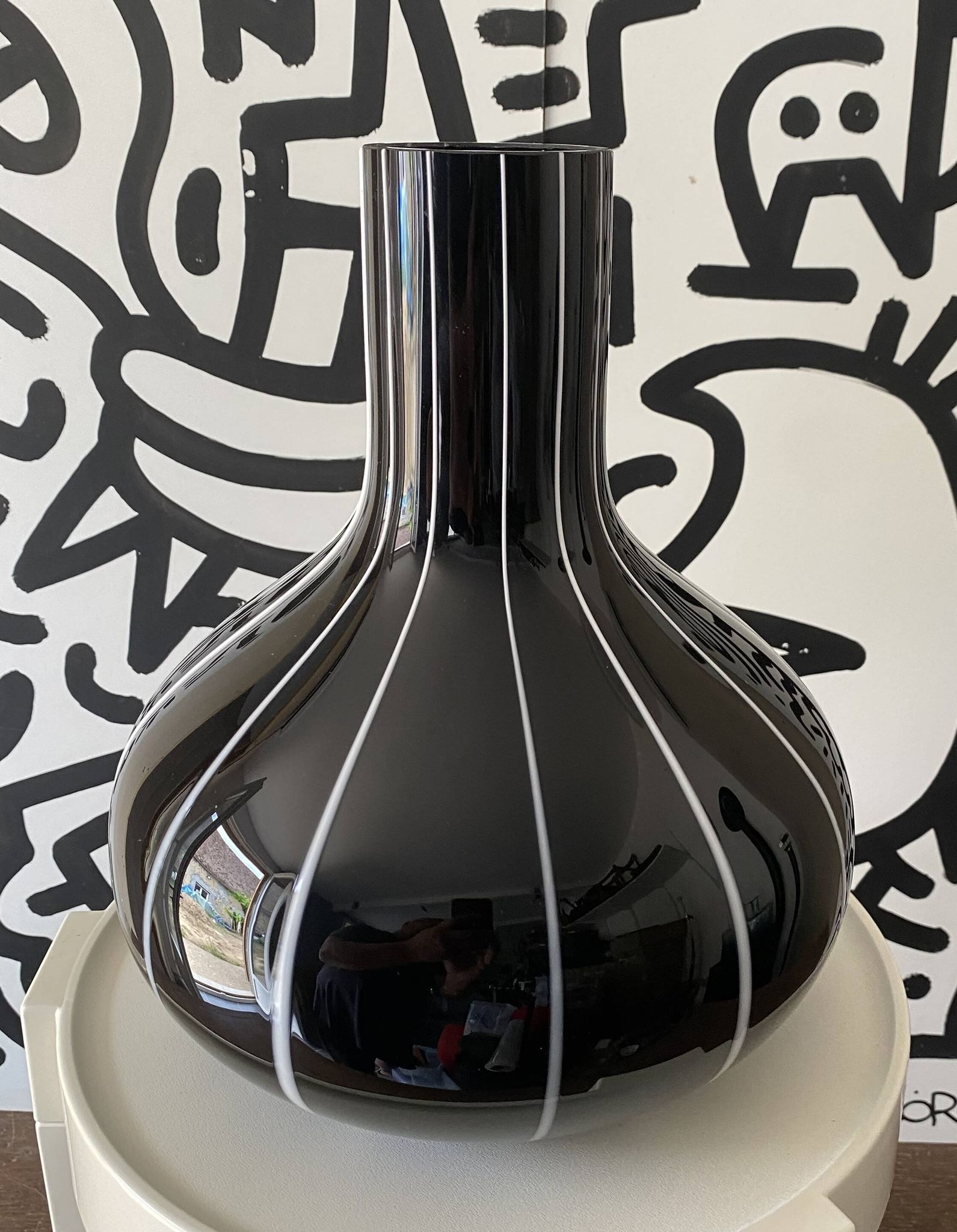 Black glass vase with white stripes, vintage 1950.
