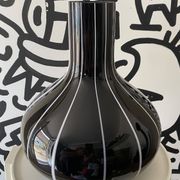 Black glass vase with white stripes, vintage 1950.