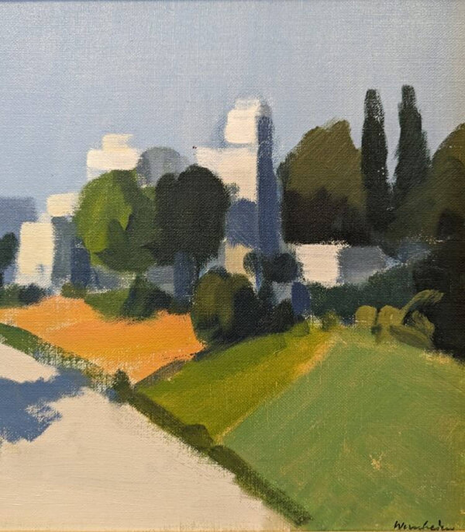 Mid-Century Modern "Rider on the Road" Swedish Vintage Street Scene Oil Painting, Framed