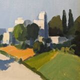 Mid-Century Modern "Rider on the Road" Swedish Vintage Street Scene Oil Painting, Framed