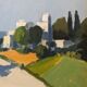 Peinture à l’huile suédoise de scène de rue « Rider on the Road » milieu XXème, encadrée