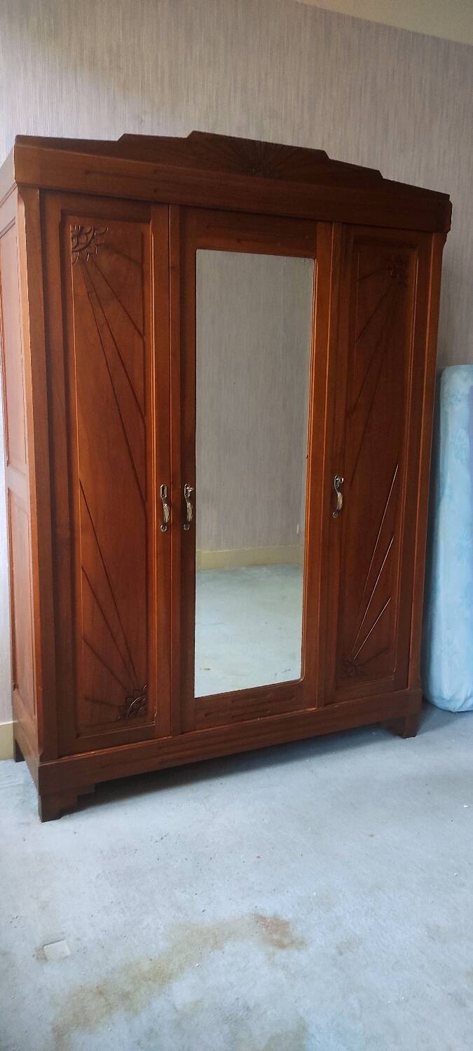 Old art nouveau 3-door wardrobe with mercury mirror