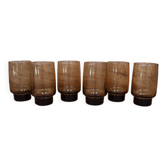 6 Verres fumés pieds épais années 70