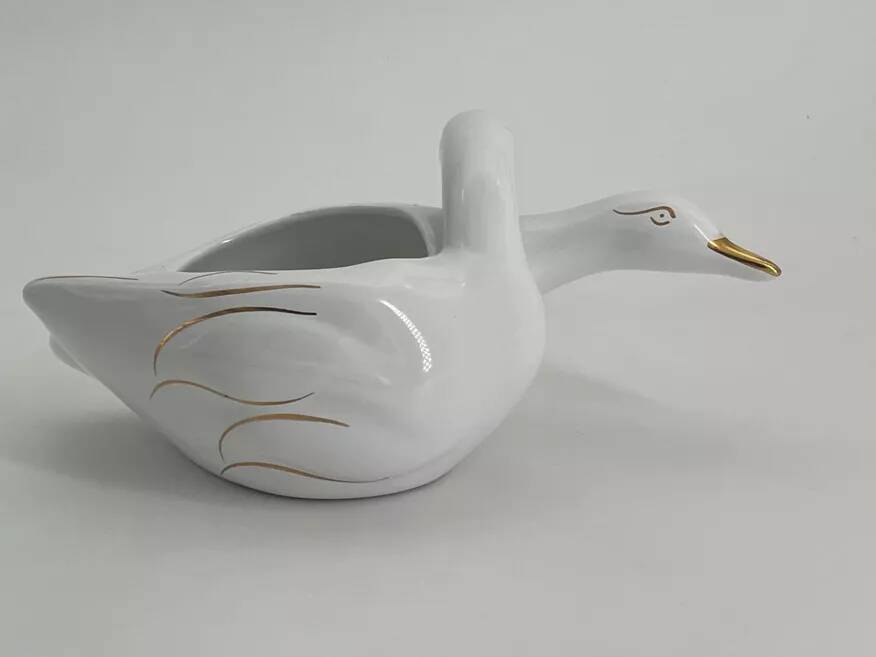 Vintage white and gold porcelain two swan planter