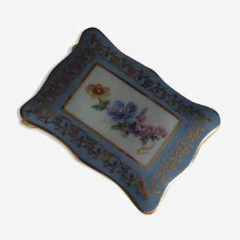 Boite bonbonnière porcelaine limoges bleu or et fleurs