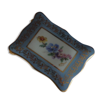 Boite bonbonnière porcelaine limoges bleu or et fleurs