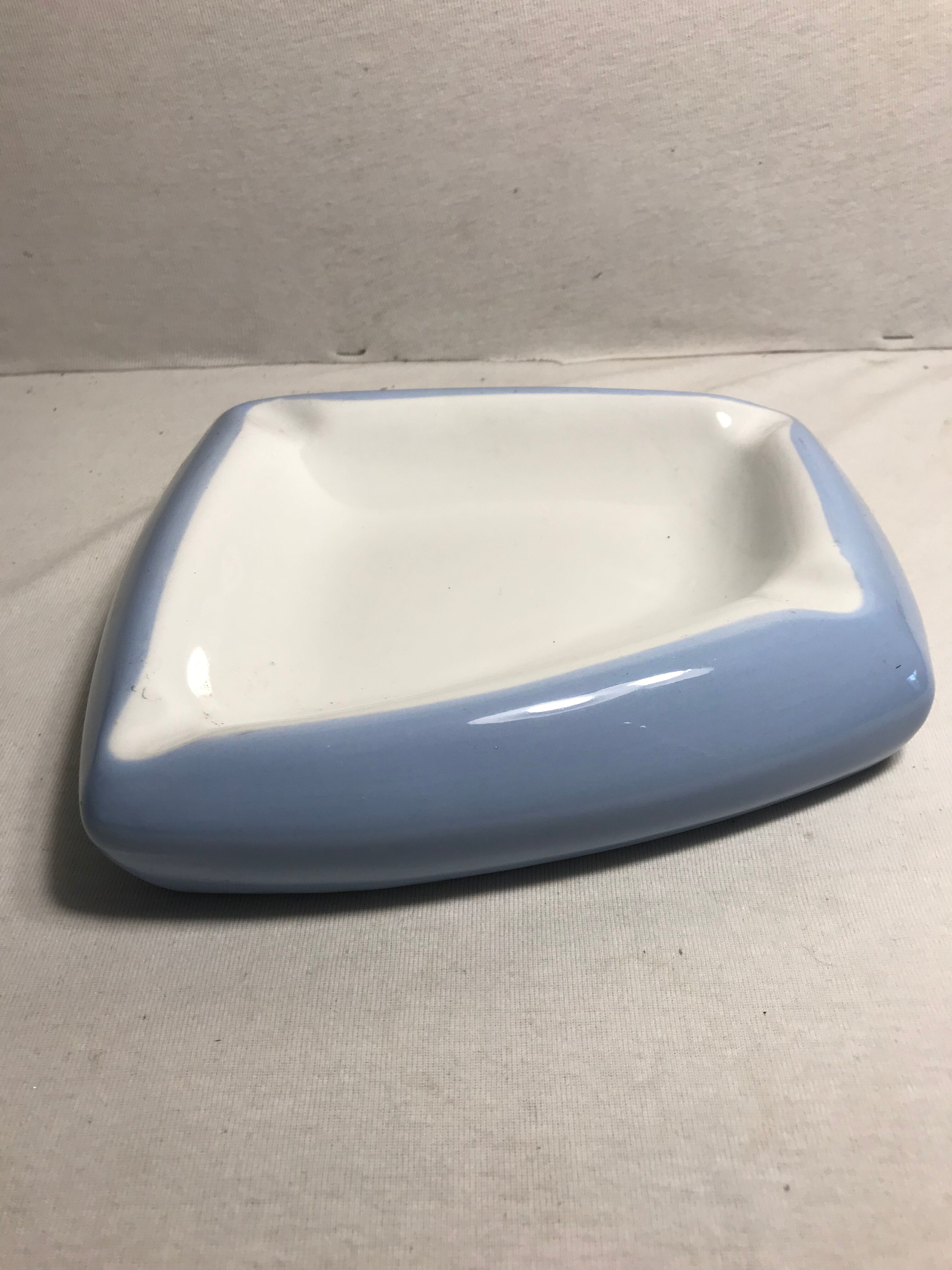 Old ashtray ceramic glazed large model white & blue vintage