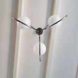 Chrome chandelier with 3 white glass spheres, 70s