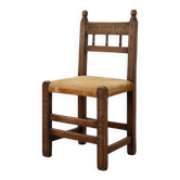 19th Century Spanish Hand-Carved oak Side Chair with Velour Seat